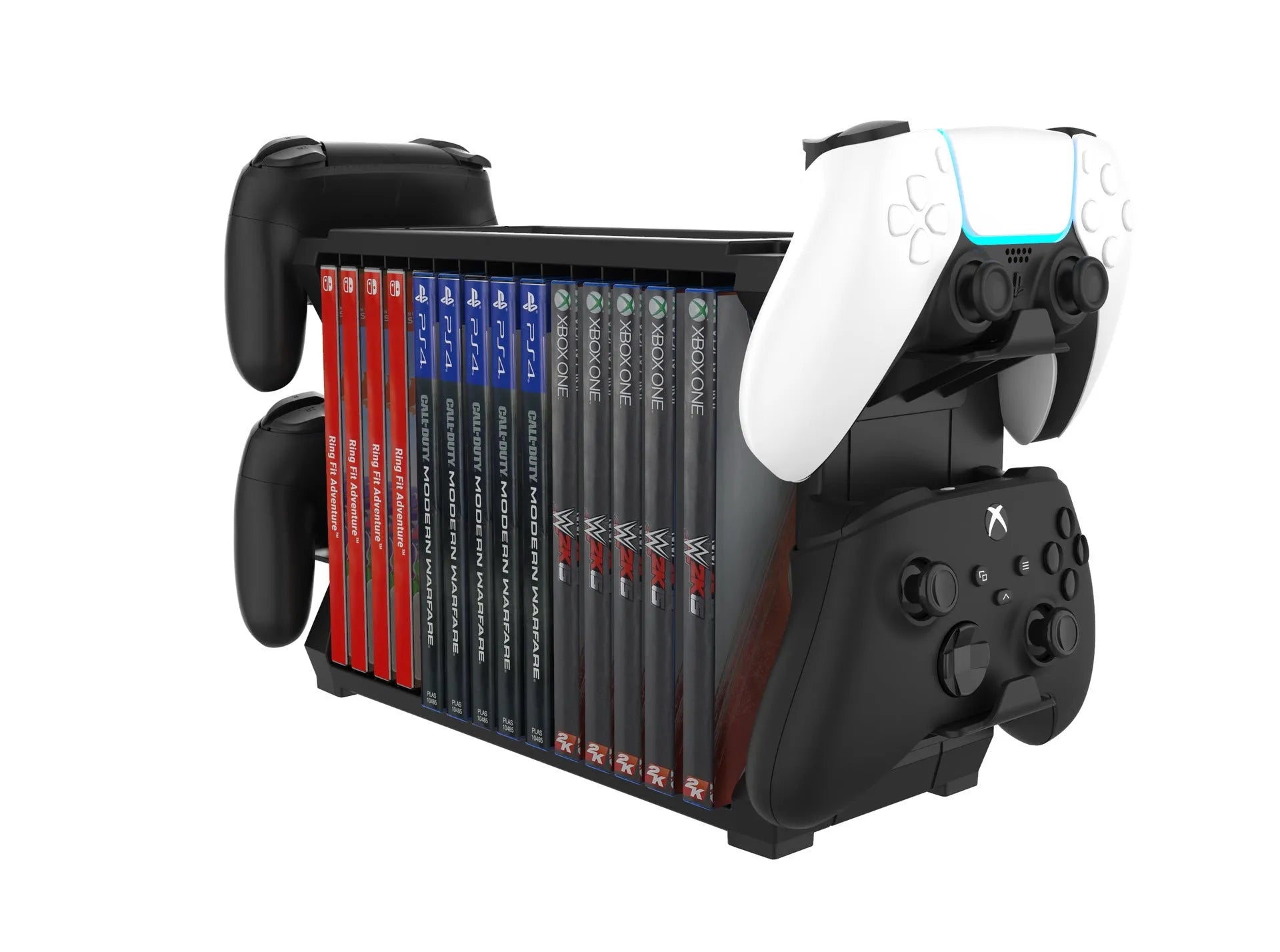 Black PS5 disc holder and controller stand showing game slots and four controller rests.