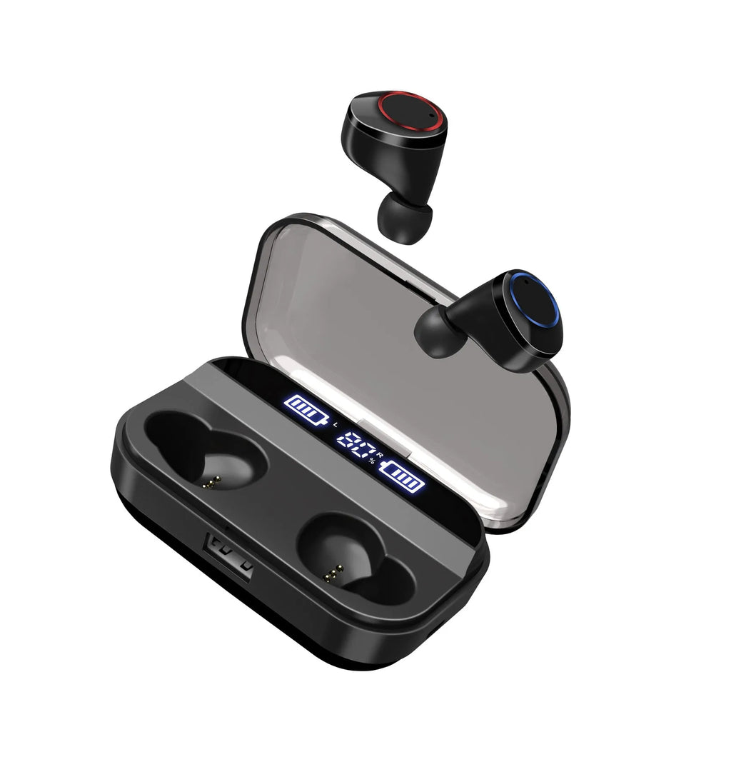 X11 Bluetooth wireless earphones in black with charging case and earpiece sleeves