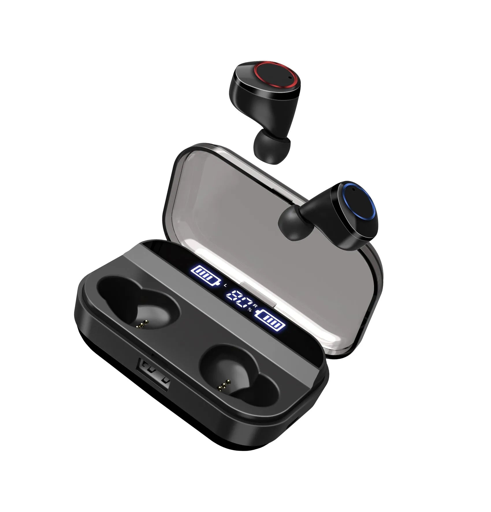 X11 Bluetooth wireless earphones in black with charging case and earpiece sleeves