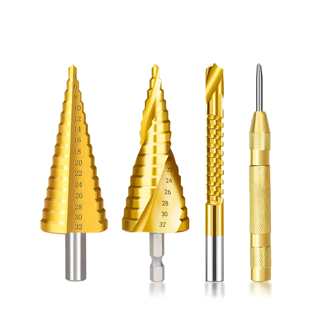 High speed steel cone step drill bits and a centre punch tool set for metal drilling.