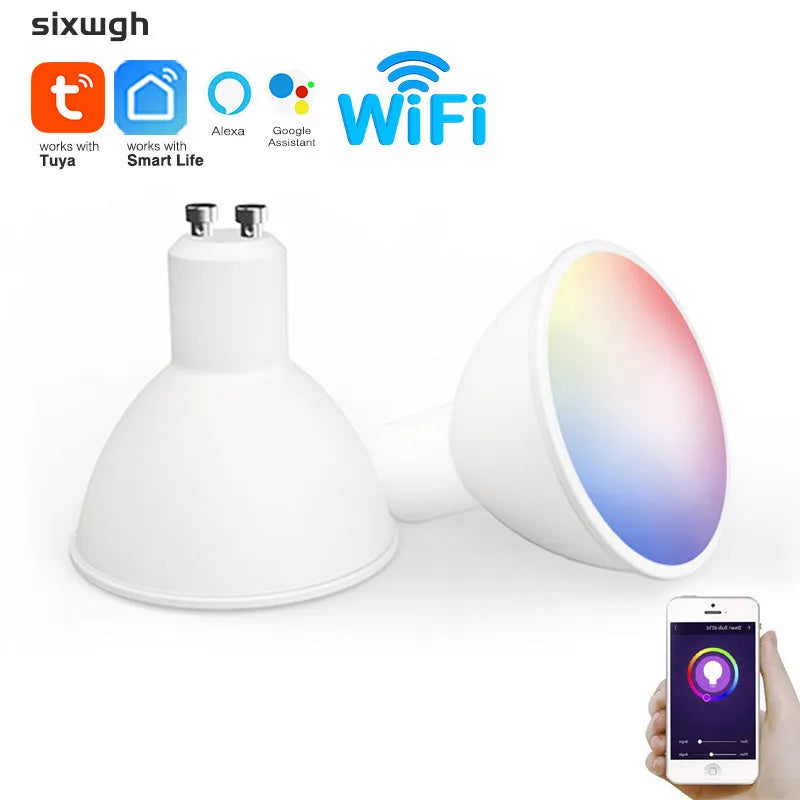 GU10 smart LED spotlight bulb with RGBCCT colours, shown in a standard spotlight socket.