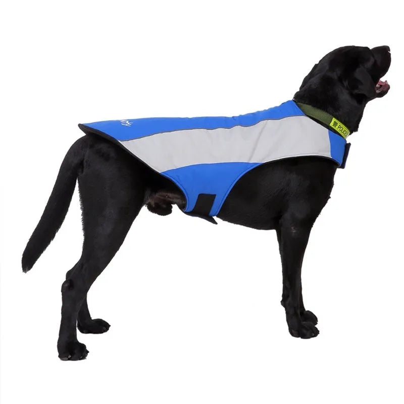Winter dog coat with reflective strip for large breeds polyester safety jacket blue colour