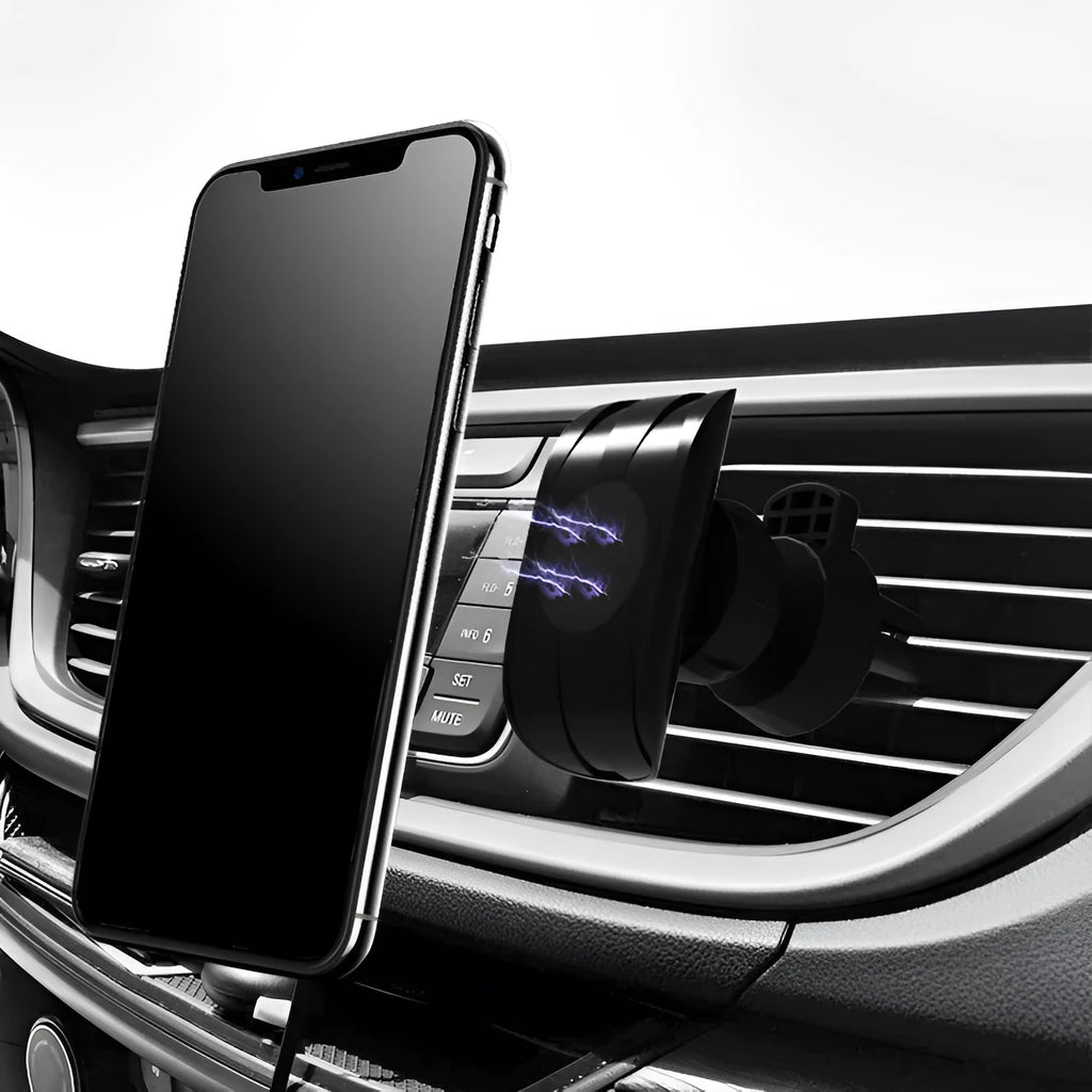 Black car phone holder mounted on vehicle air vent with smartphone