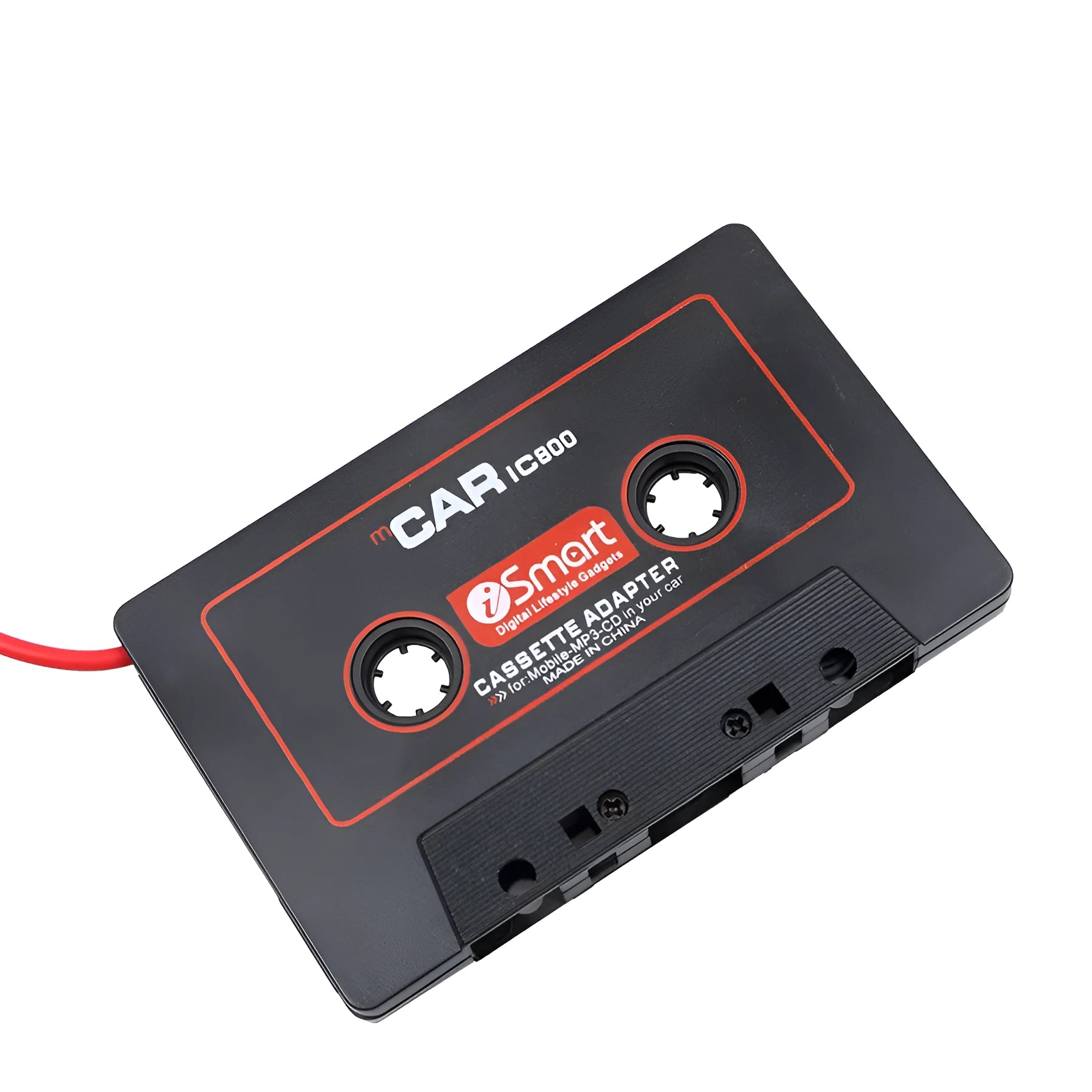 Black cassette tape adapter with a 3.5mm audio jack for connecting MP3 players to car stereos.