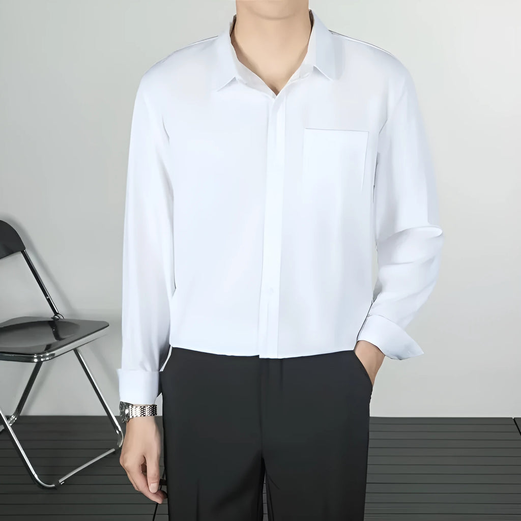 Korean-style linen long-sleeved shirt for men in loose fit, available in six solid colours including black and white