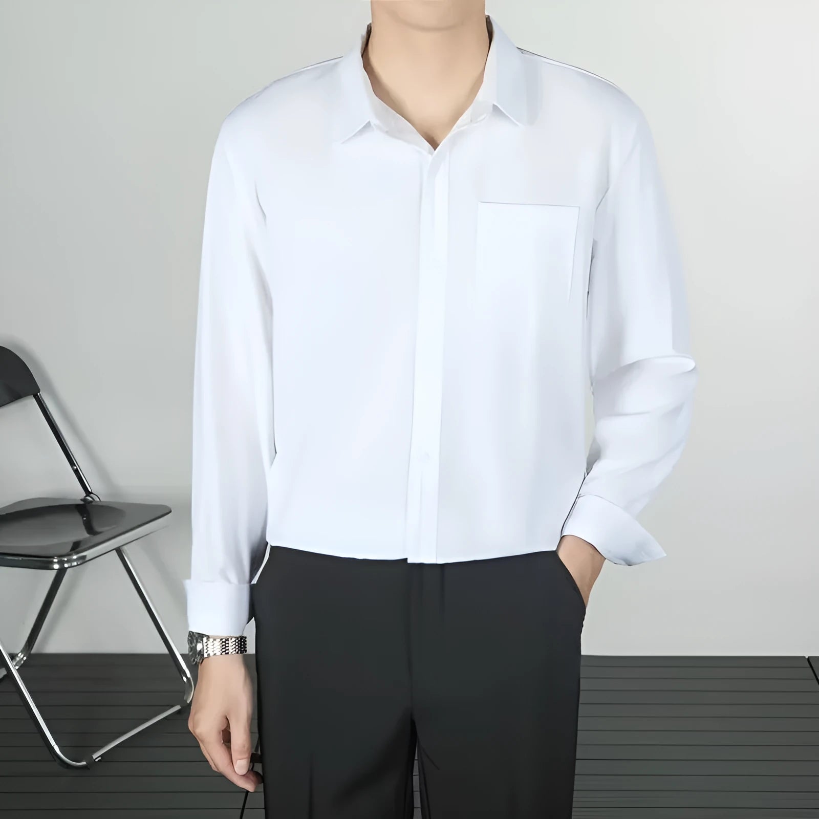 Korean-style linen long-sleeved shirt for men in loose fit, available in six solid colours including black and white