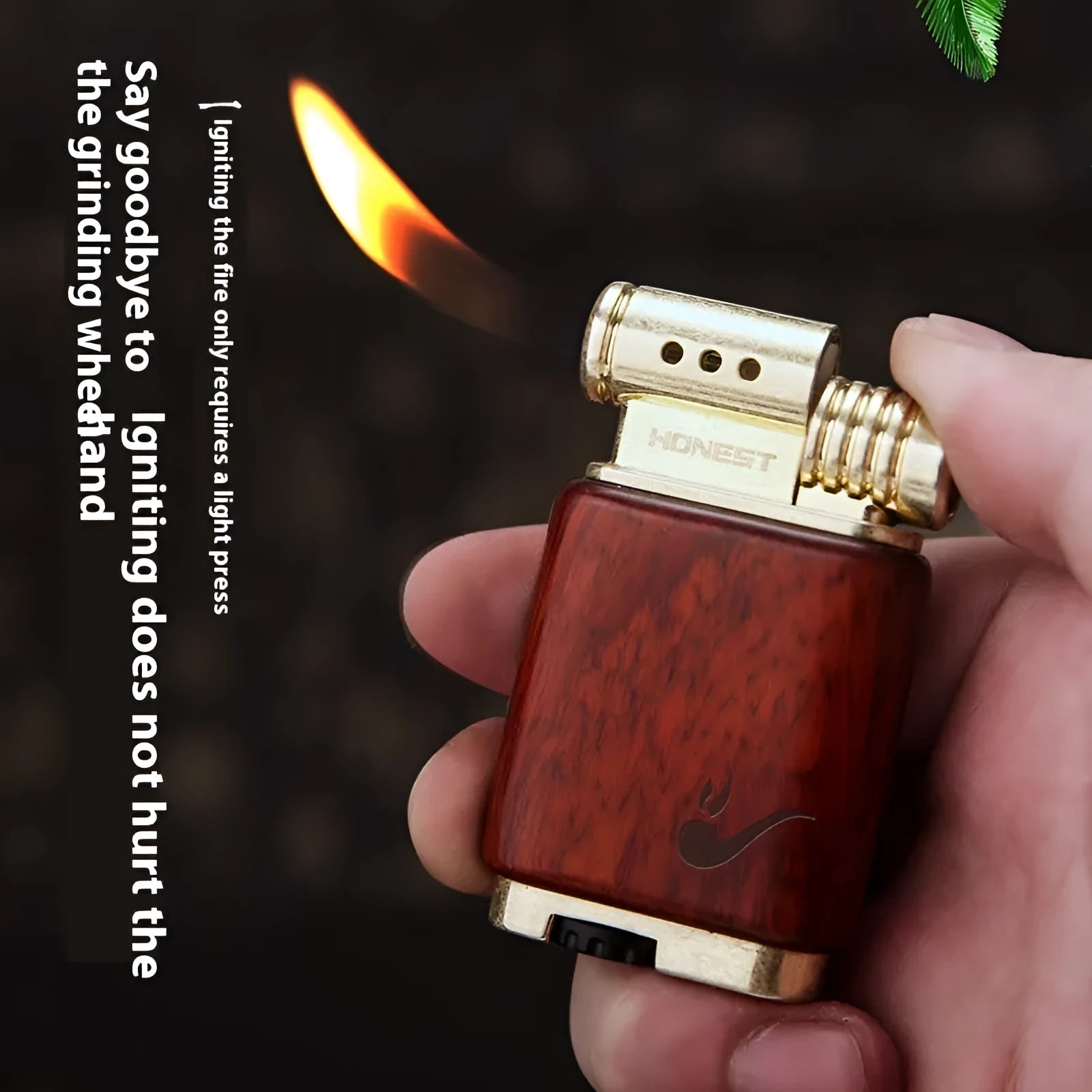 Black wood gas lighter with rosewood decorative finishes including sun face design