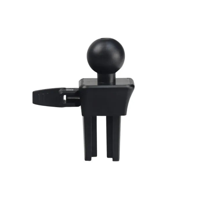 Black car mobile phone holder mounted on air conditioning vent with adjustable clamp for smartphones