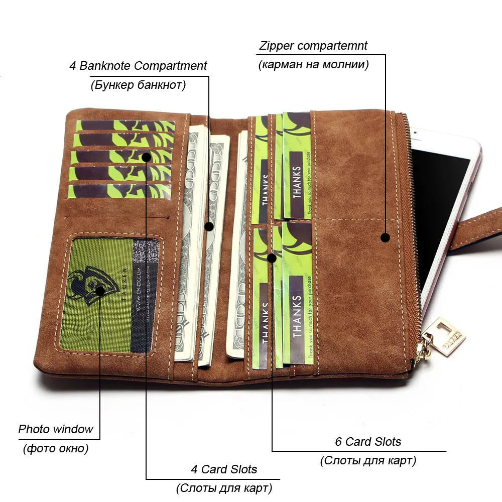 TAUREN retro matte PU leather long wallet for women with zipper and multi-card slots in army green