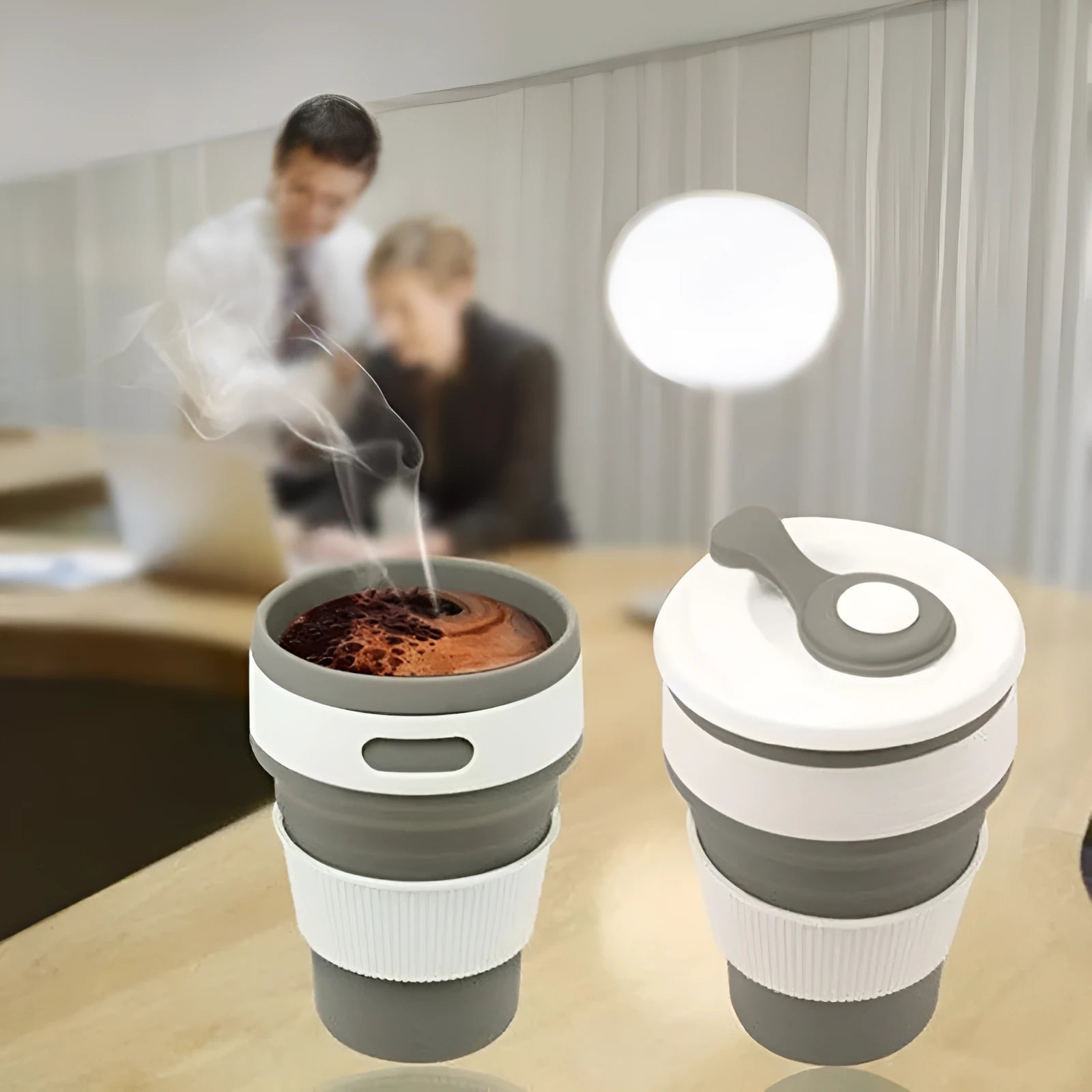 Collapsible silicone travel cup shown expanded and folded with leak-proof cover
