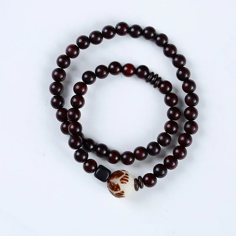 Natural rosewood bracelet with knitted texture and 10mm floral centrepiece in unisex retro design