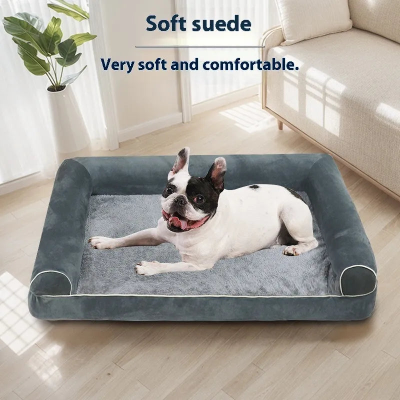 Square breathable cloth dog bed in dark gray available in multiple sizes for pets