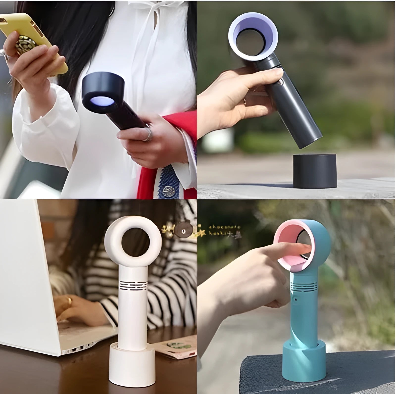 Portable bladeless desk fan with USB cable and base in assorted colours