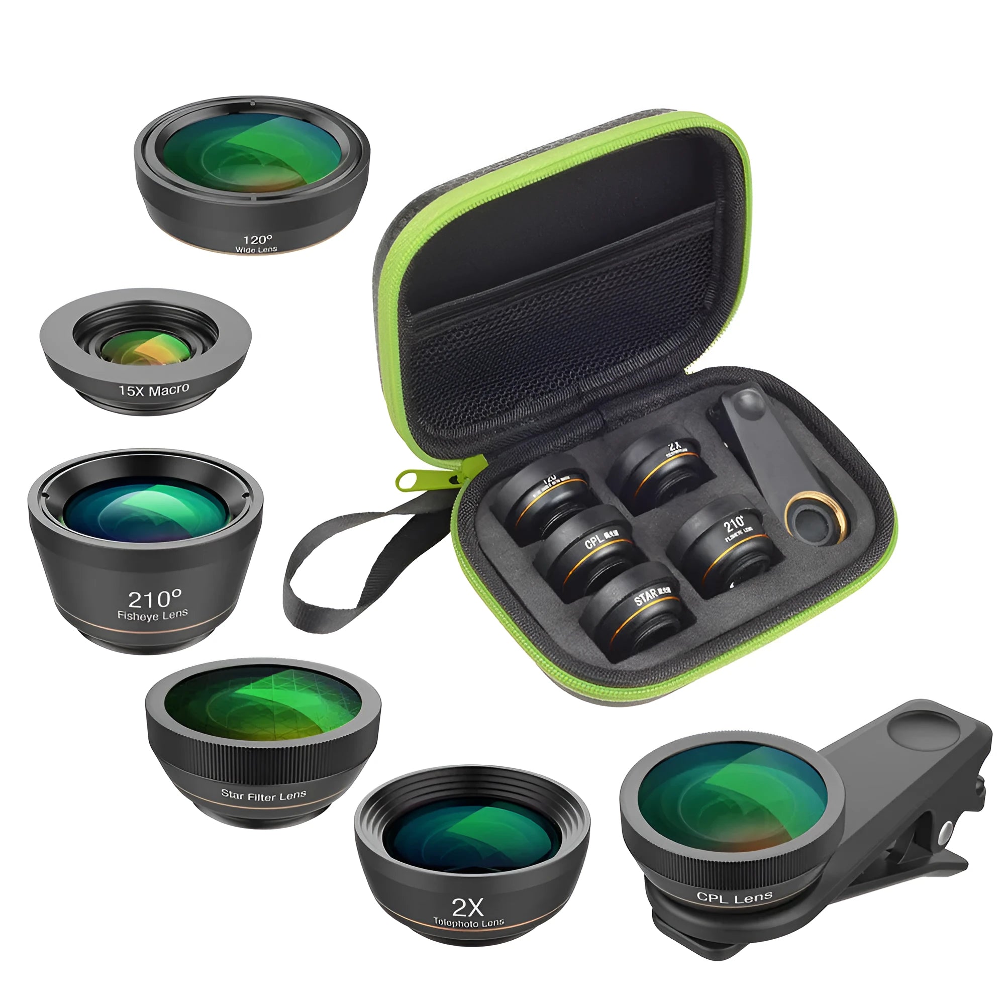 Six mobile phone camera lenses including fisheye, macro, wide-angle, telephoto and filters in EVA case with universal clip