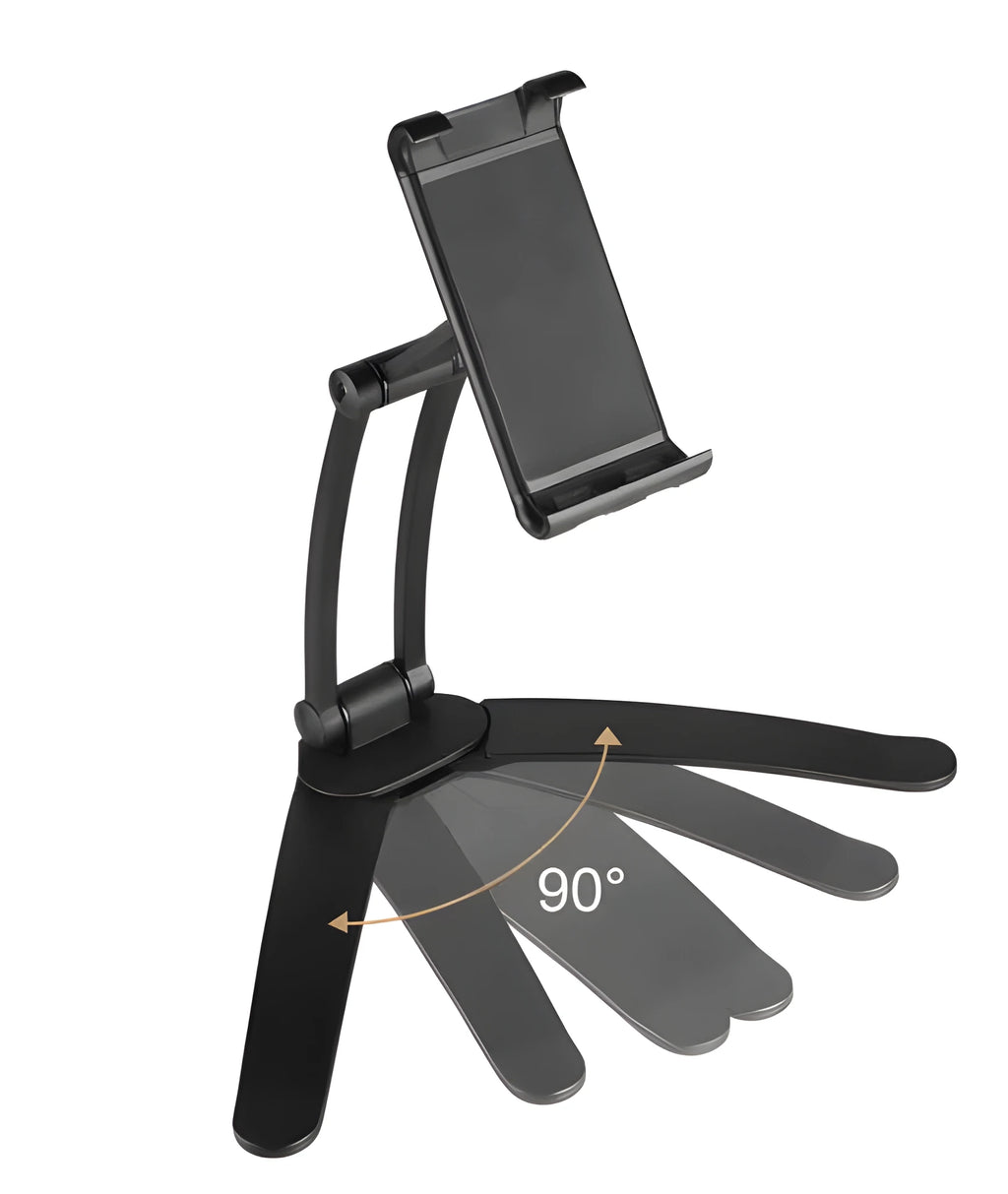 Silver aluminum alloy desktop stand holding a tablet at an angle, showing its adjustable clip and 360-degree rotation base.