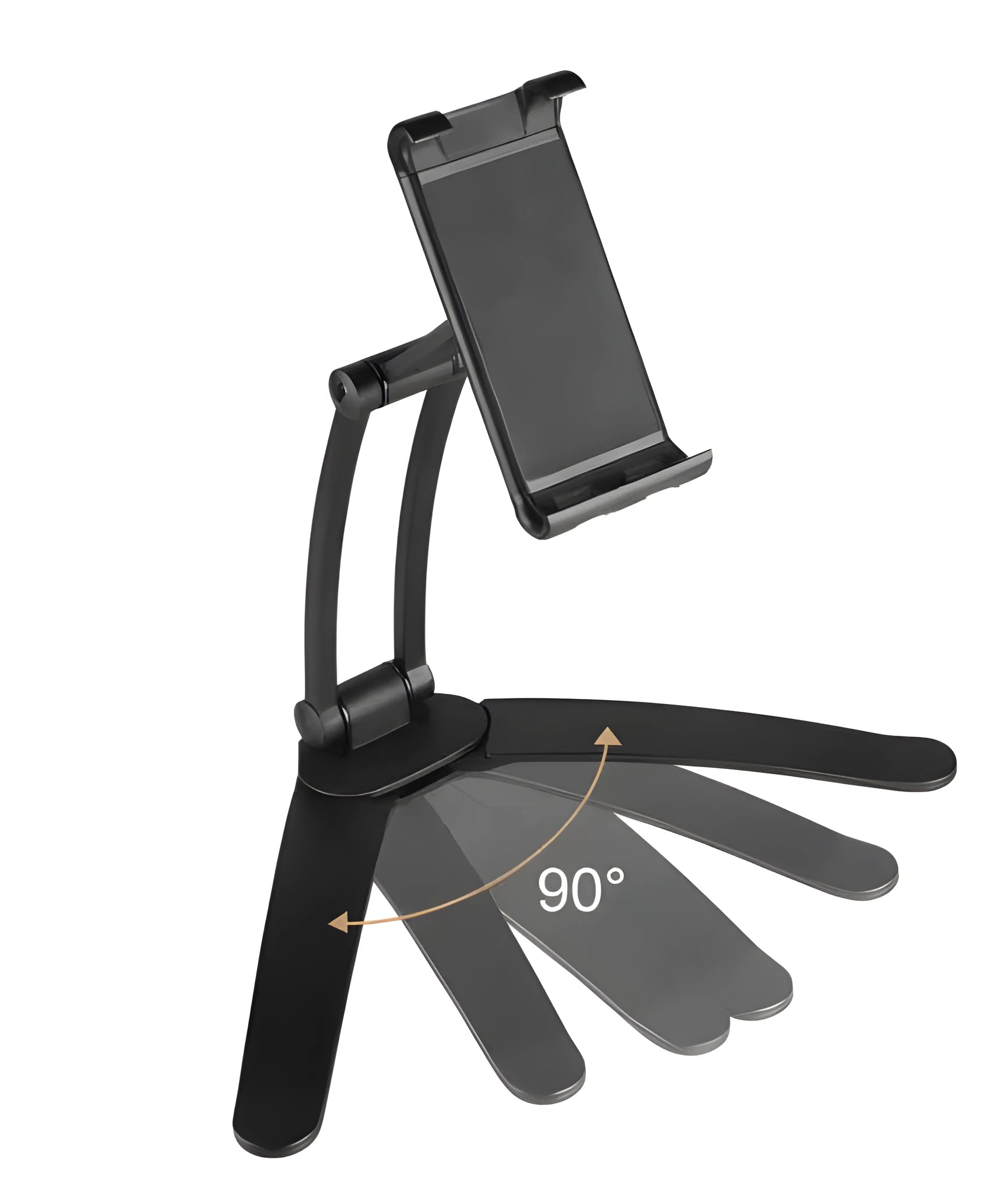 Silver aluminum alloy desktop stand holding a tablet at an angle, showing its adjustable clip and 360-degree rotation base.