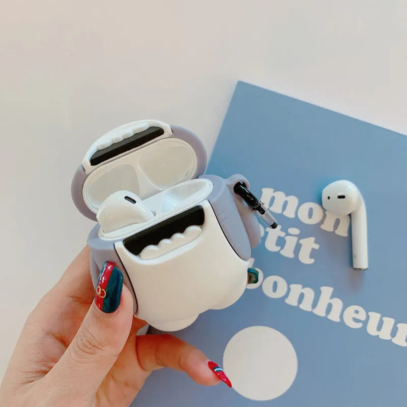 Coloured silicone protective cover with shark design for Apple AirPods 1 and 2 charging case.