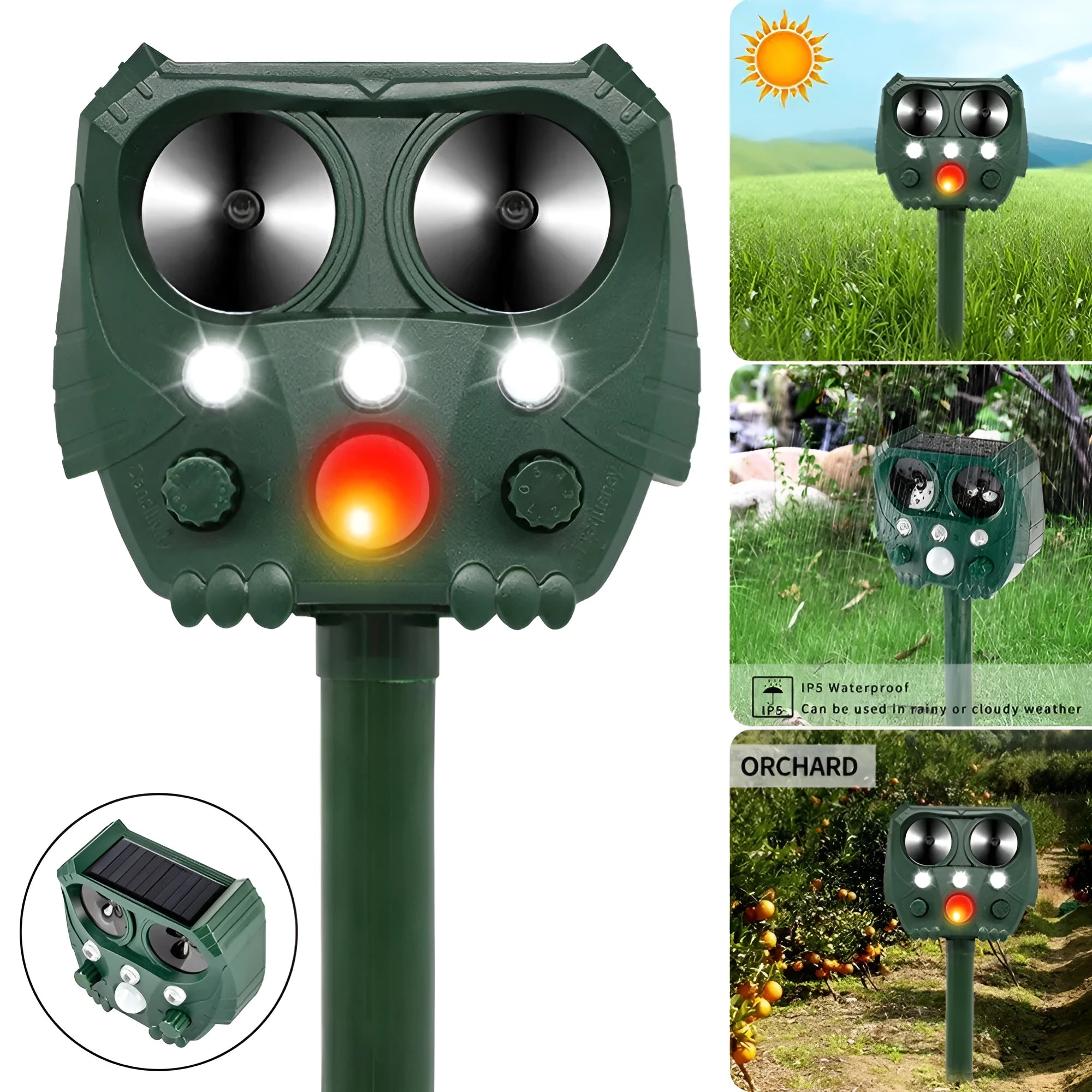 Green solar-powered ultrasonic animal repeller with LED strobe lights for outdoor dog and pest control