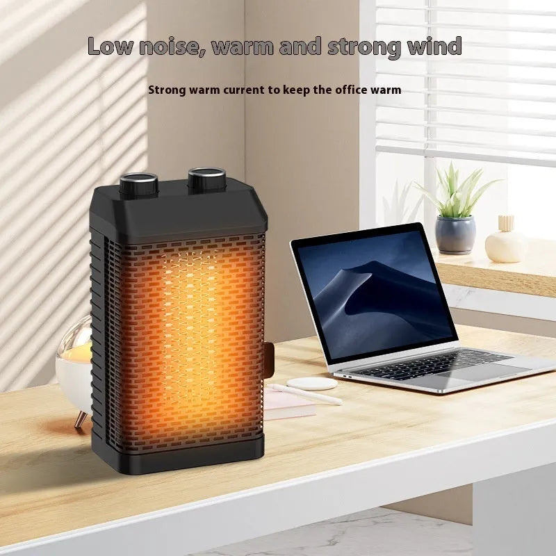 Black remote control smart heater with compact design for desktop use