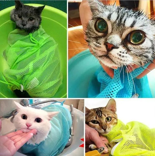 Soft polyester mesh cat grooming bag with front zipper, lightweight design, available in blue, orange, pink, rose red, yellow