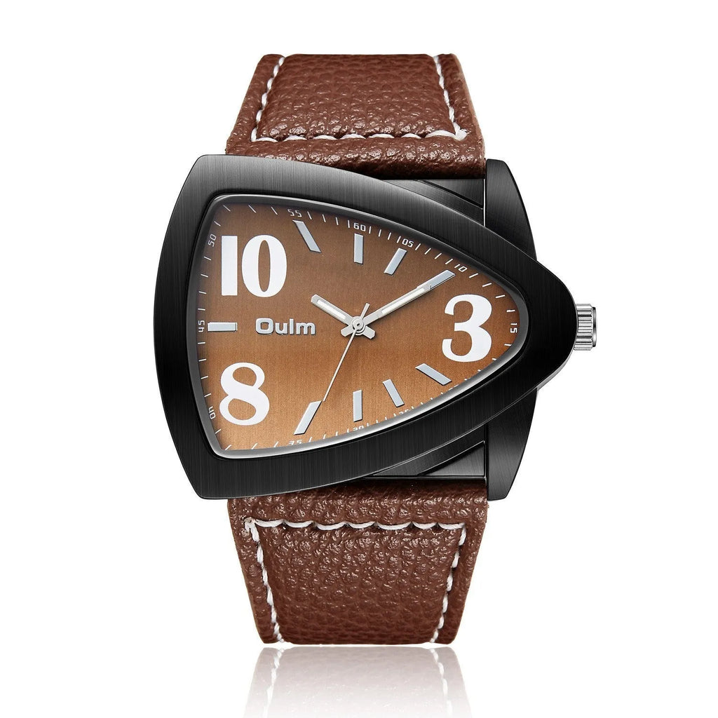Men's casual watch with a distinctive triangular belt strap, shown in brown, black, and blue colour options.