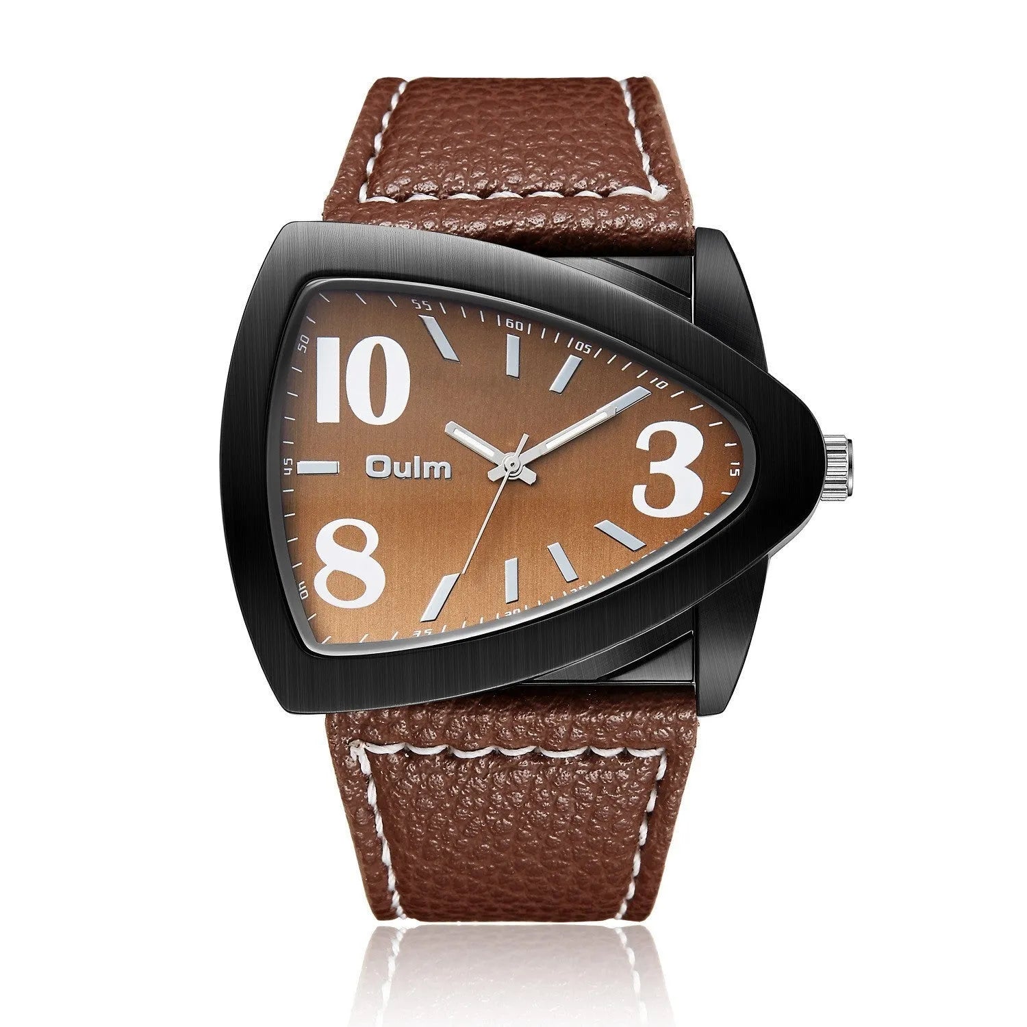 Men's casual watch with a distinctive triangular belt strap, shown in brown, black, and blue colour options.