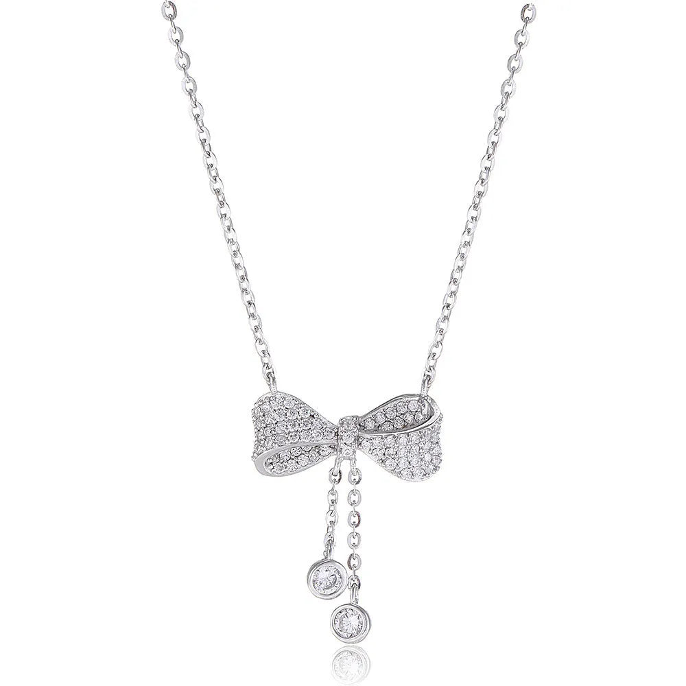 Women's S925 sterling silver bow pendant necklace on O-ring chain