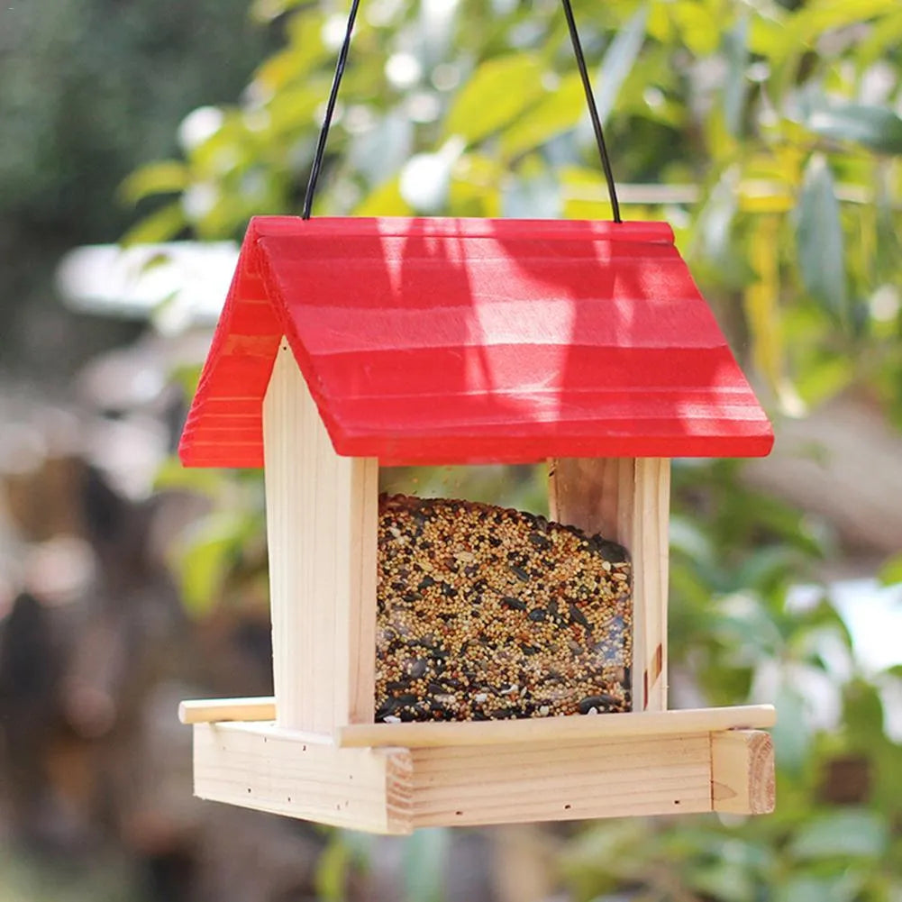 Suspended rain-proof field dispenser feeder with red roof and log-textured pine body