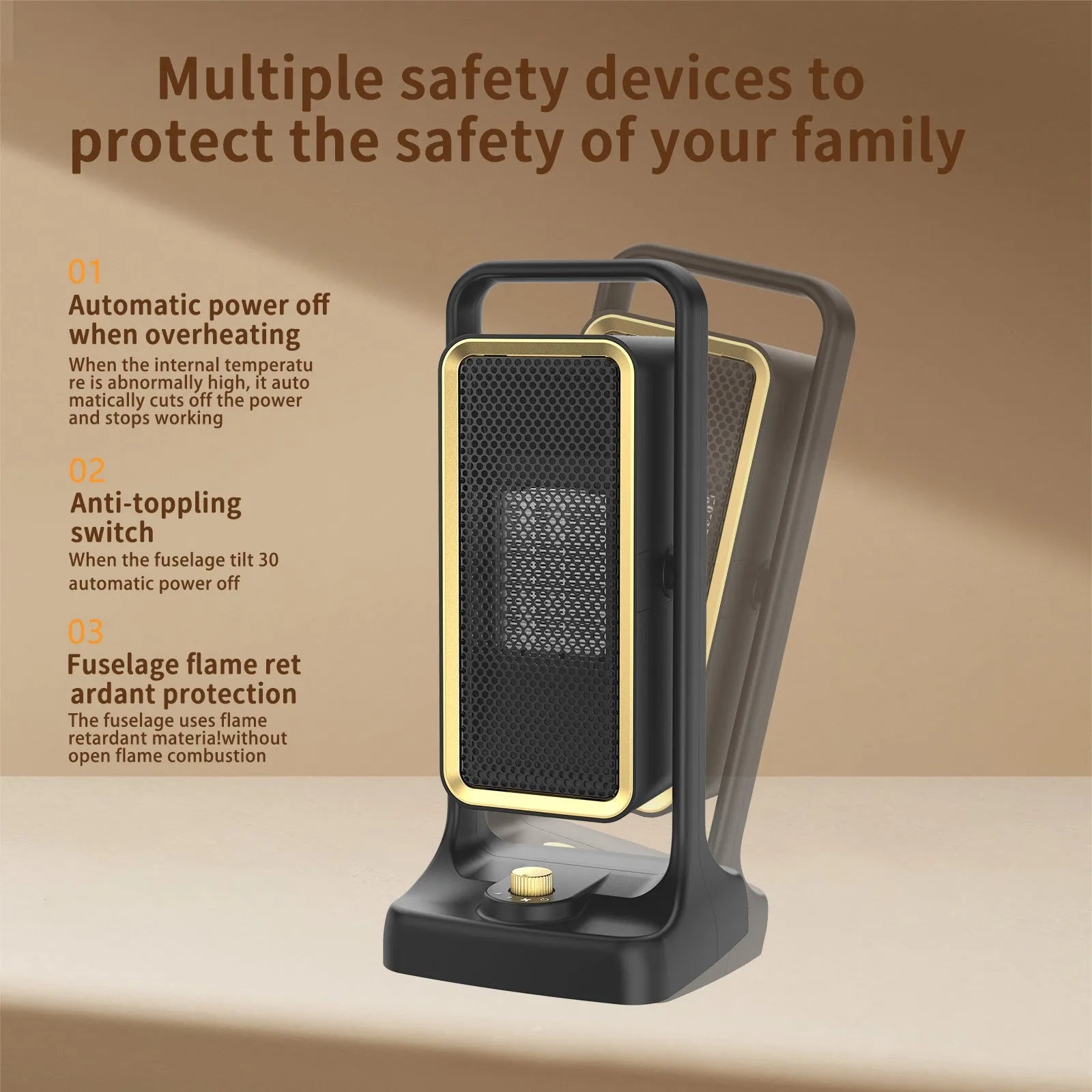 Black PTC ceramic desktop air heater measuring 14.9 x 11.1 x 33.5 cm