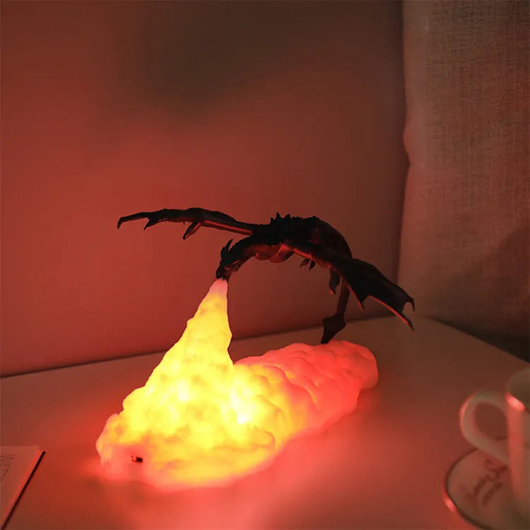 3D printed dragon lamp with warm red breathing light effect showing detailed dragon design