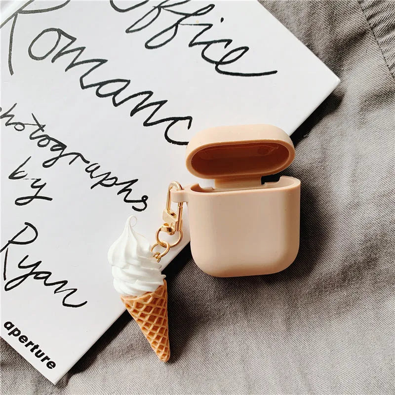 Silicone case for Apple AirPods 2 with cylindrical ice cream swirl design showing charging port cutout