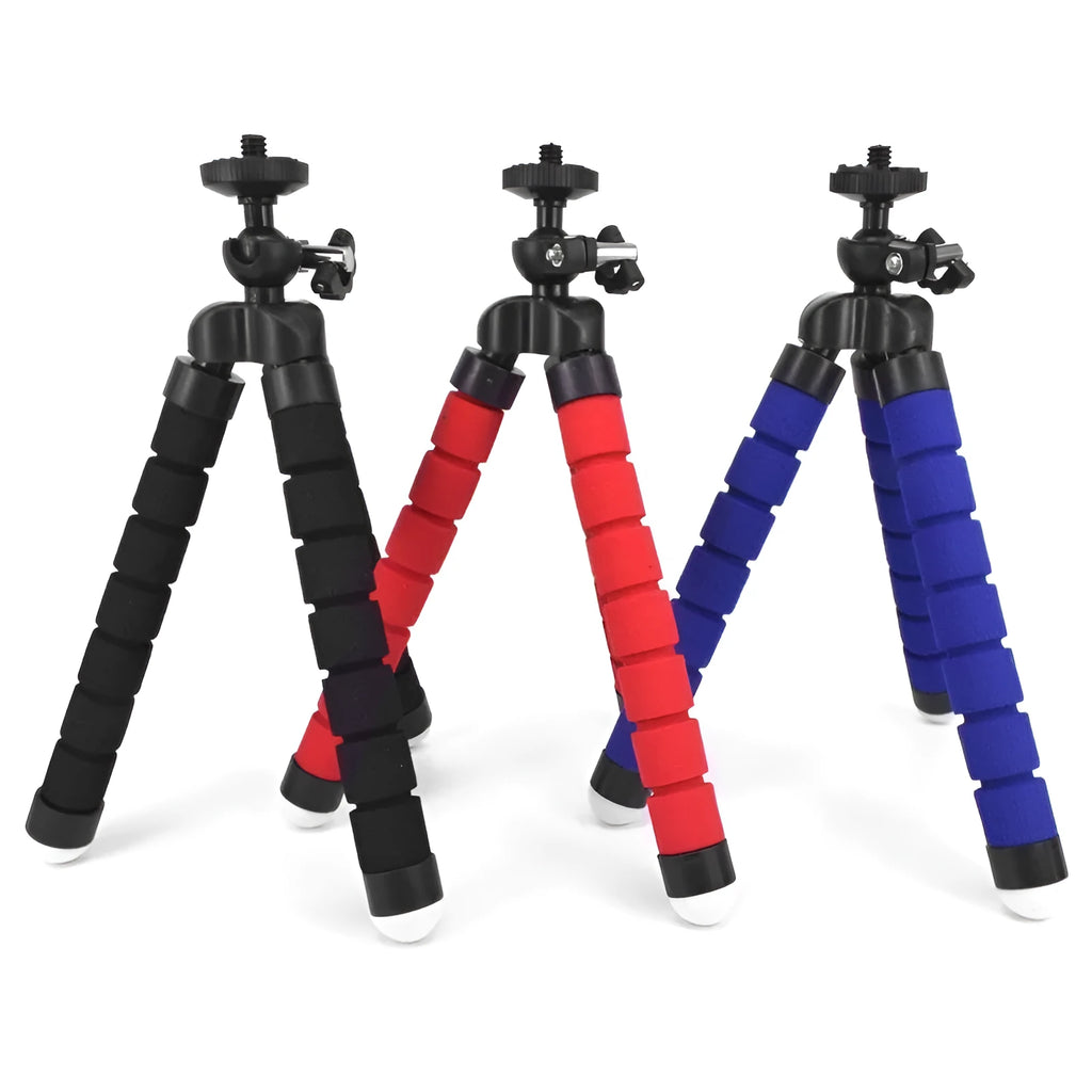 Black flexible octopus tripod with bendable legs wrapped around a pole, holding a smartphone.