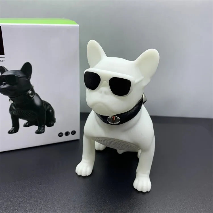Mini bulldog-shaped Bluetooth speaker in black colour showing detailed sculpture design and compact size