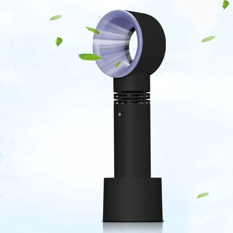 Portable bladeless desk fan with USB cable and base in assorted colours