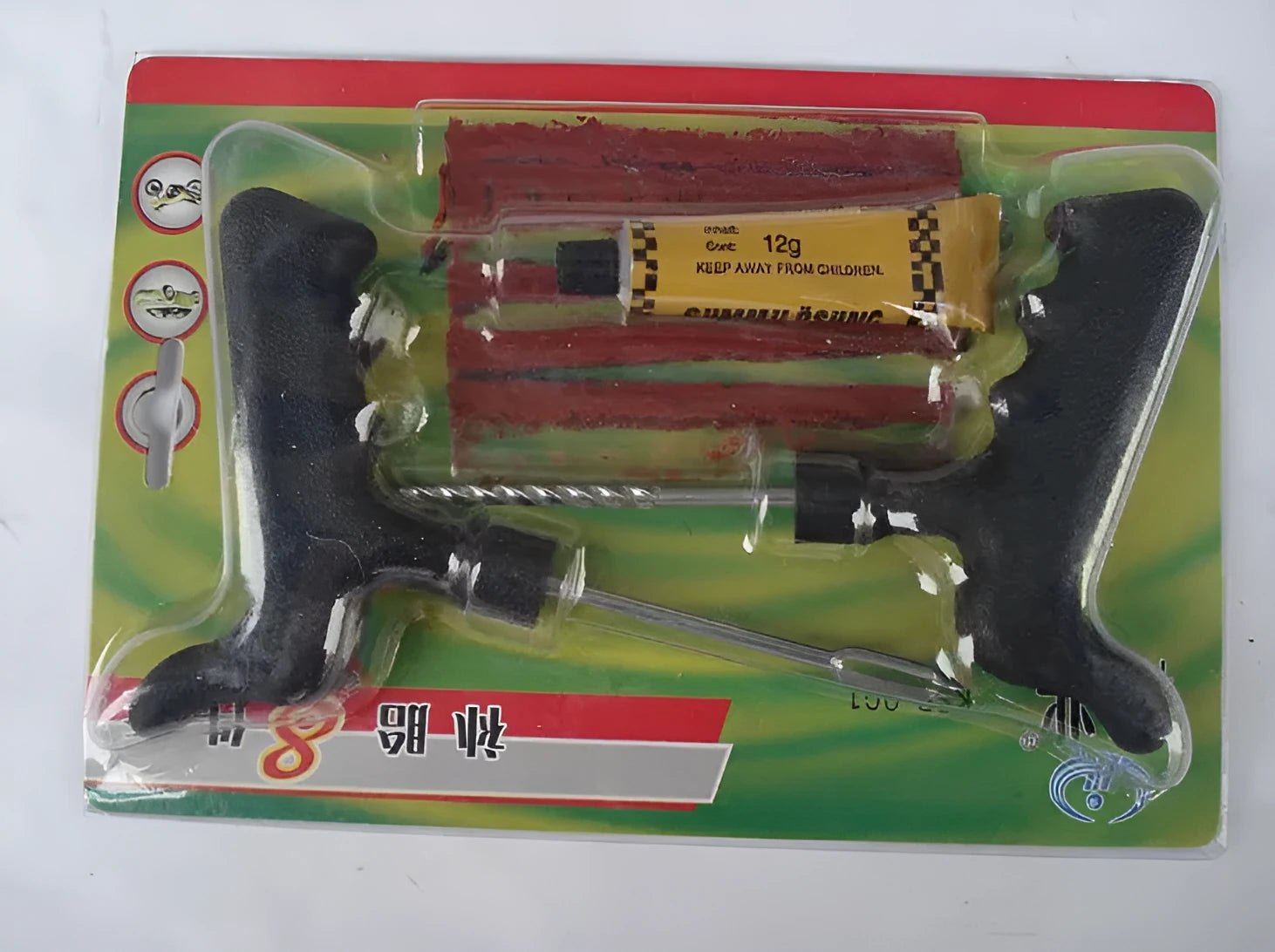 8-piece vacuum tyre repair tool set with probe, pin, glue bottle, and rubber strips on black background.