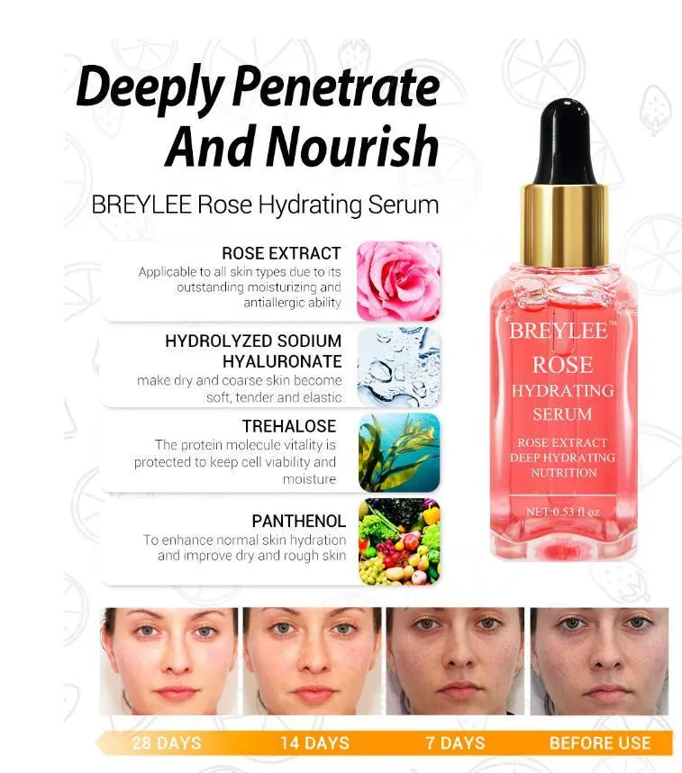 15ml hyaluronic acid face serum in a dropper bottle, blue, red and rose essence colour options