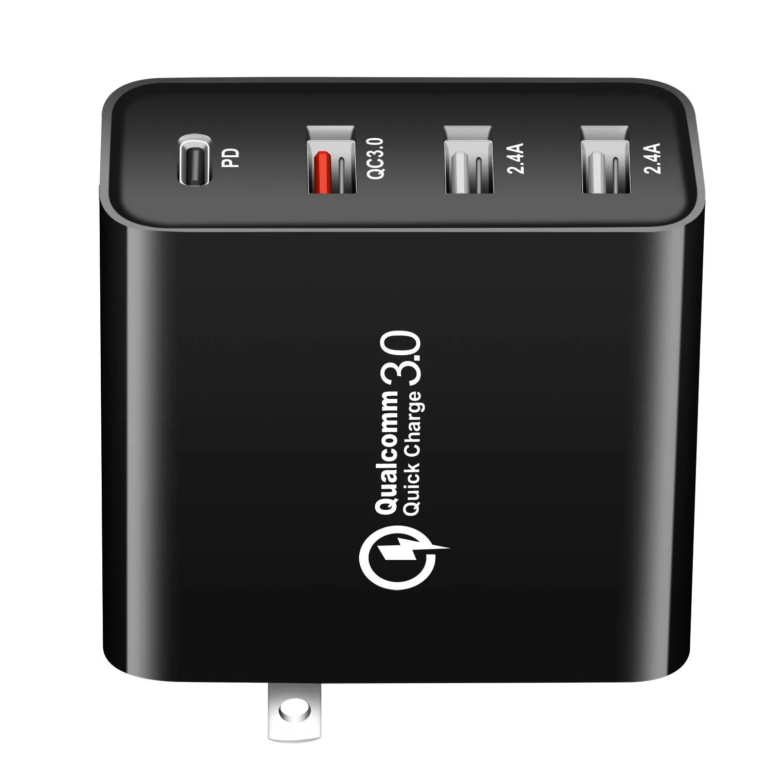 Black and white 48W four-port USB-C PD charger with international plug options