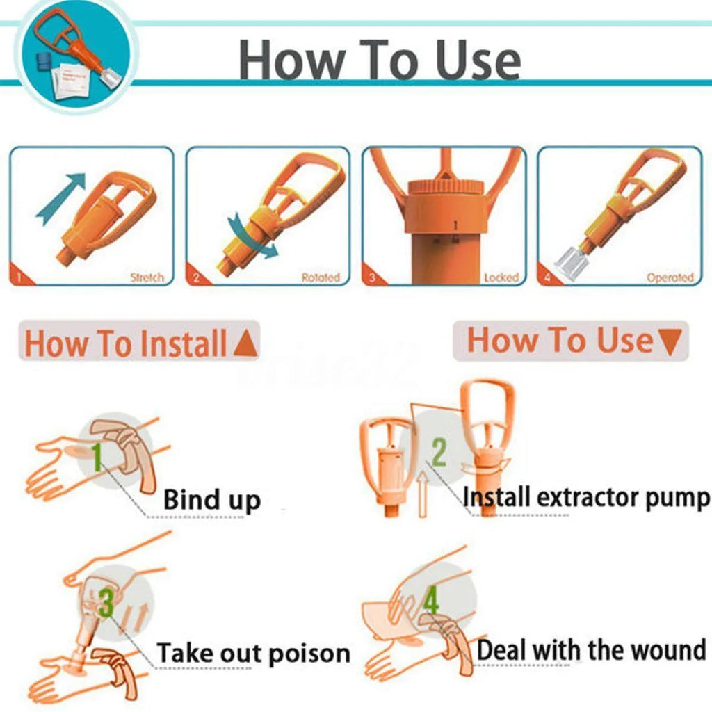 Orange ABS first aid kit open to show a manual suction pump, two suction cups, a tourniquet, and antiseptic swabs.