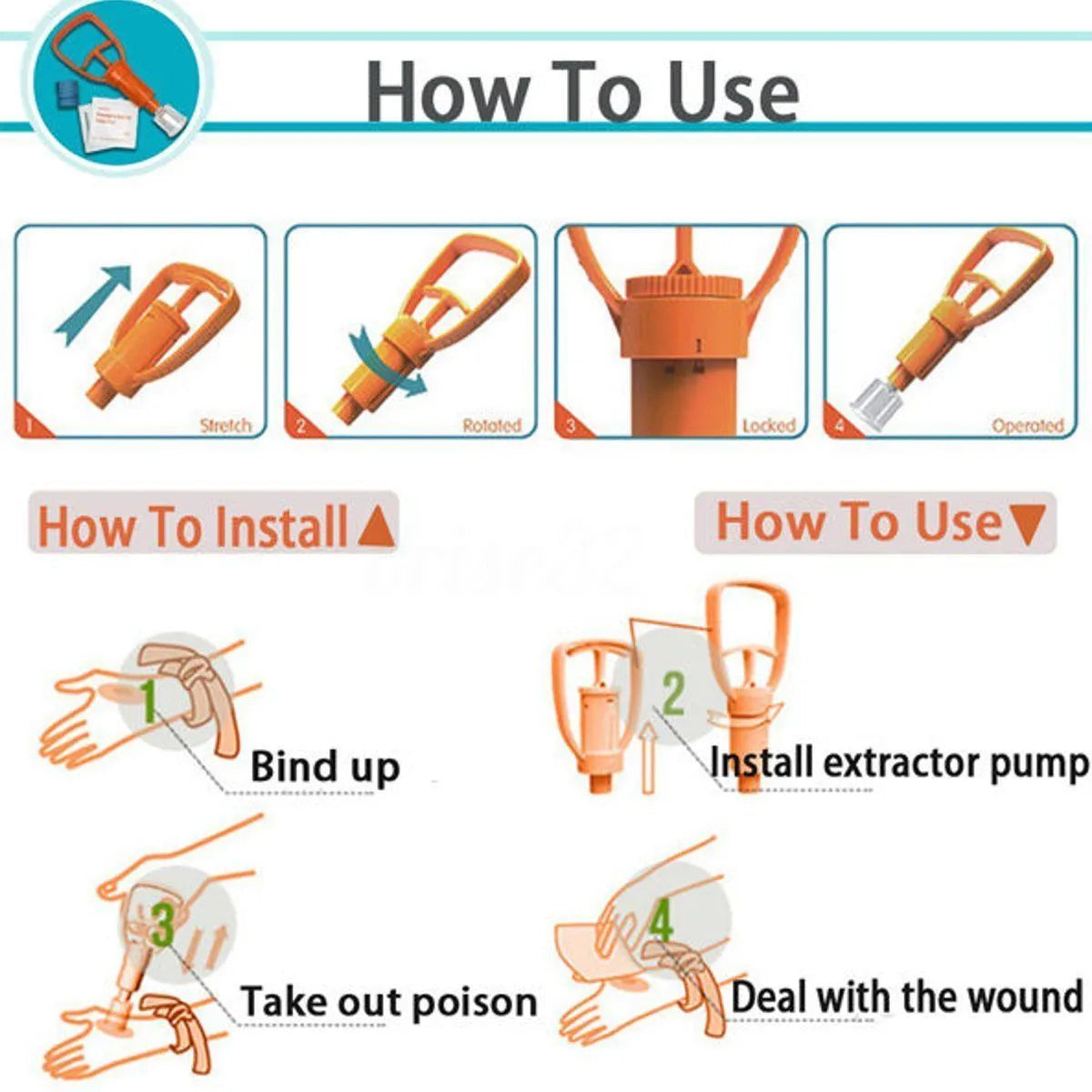 Orange ABS first aid kit open to show a manual suction pump, two suction cups, a tourniquet, and antiseptic swabs.