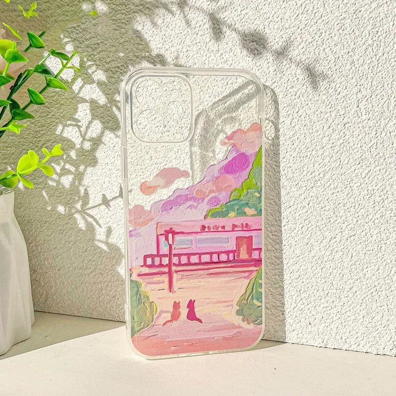 Soft silicone mobile phone case featuring a colourful two cat cartoon print on the back.