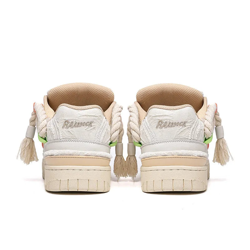 Creamy white retro skate shoes with old damage lace design and low-top platform construction
