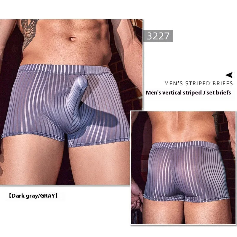 Men's striped boxer briefs in nylon fabric, black white dark grey colours, free size elastic construction
