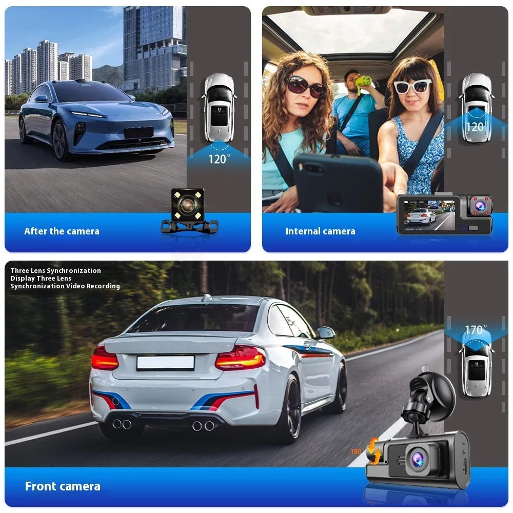WiFi-connected car dash camera with 2.0-inch LCD screen showing front and rear recording capability