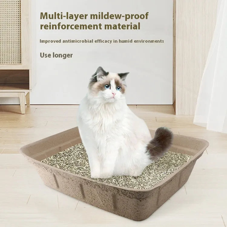 Brown disposable biodegradable cat litter box shown in three different size variants.