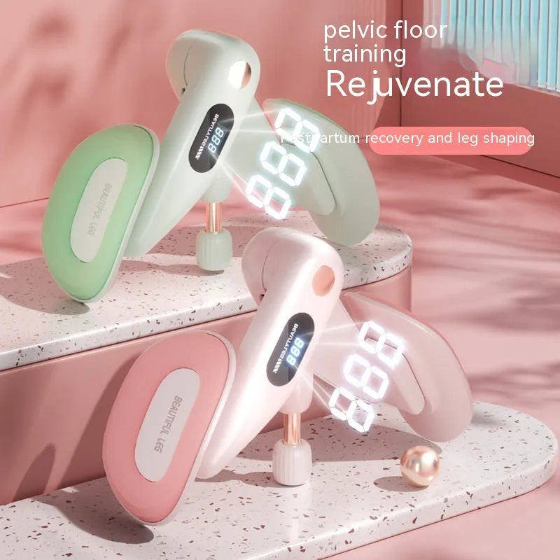 A pelvic floor muscle trainer with a counter, shown in gray, made from ABS plastic with foam-covered springs.