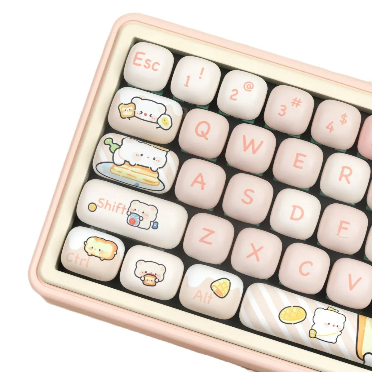 PBT mechanical keyboard keycap set with colourful bread bear cartoon design using thermal sublimation printing