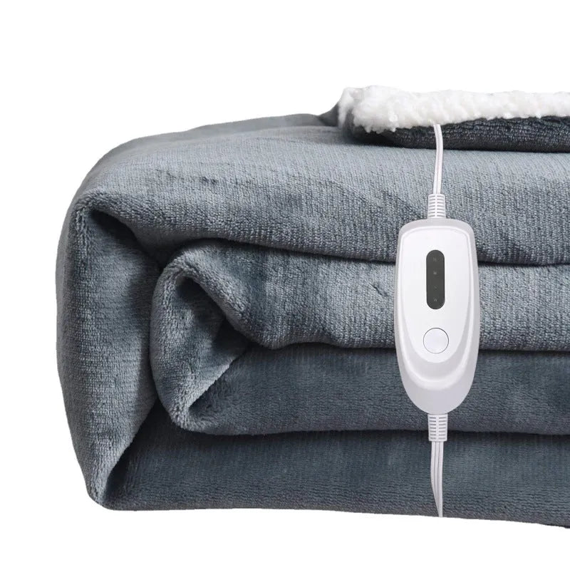 Grey USB electric heating blanket with temperature controls on flannel fabric