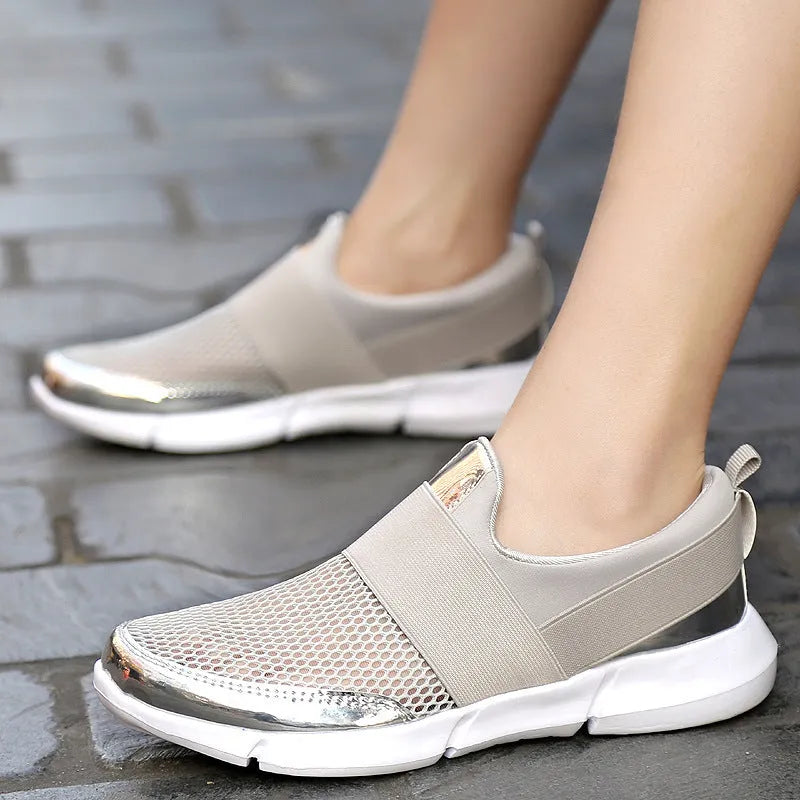 Breathable low top mesh sneakers for women in blue, black or grey, showcasing lightweight casual design.