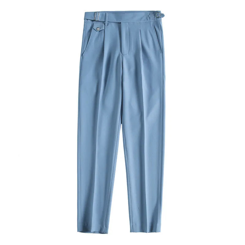 Straight leg casual trousers in polyester fibre available in multiple solid colours with 29-36 inch waist sizing