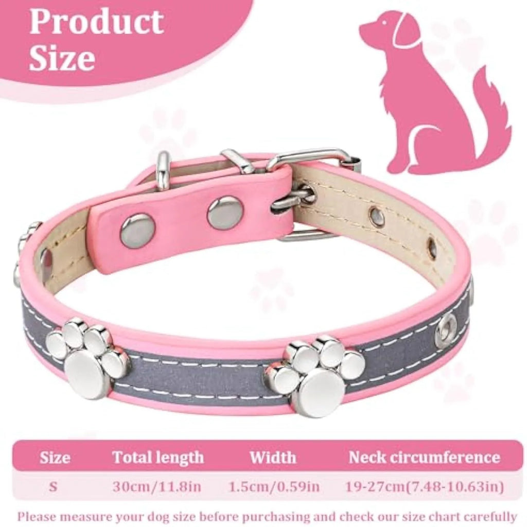 Reflective adjustable dog collar made of brown PU leather with metal paw print rivets and buckle.